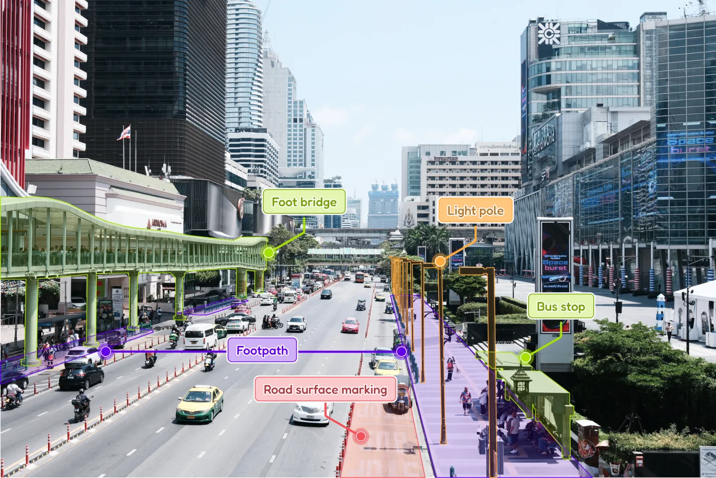 AI-detected footpath, foot bridge, light poles and bus stop along a Bangkok street