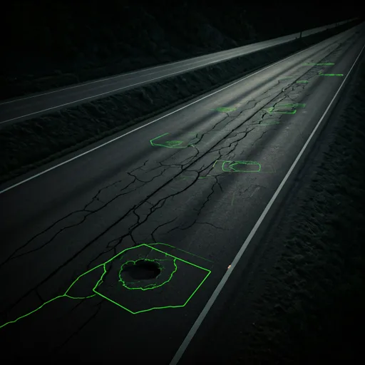 AI-detected road cracks and defects highlighted on a dark asphalt scan