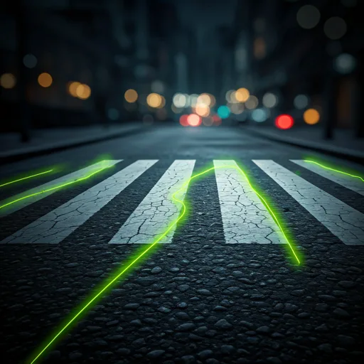 AI analysis of faded lane markings on a road at night